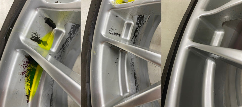Before and after shows less brake dust remains after treating.
