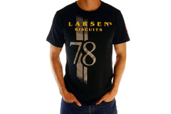 Model wearing "Larsen's Biscuits" tee.