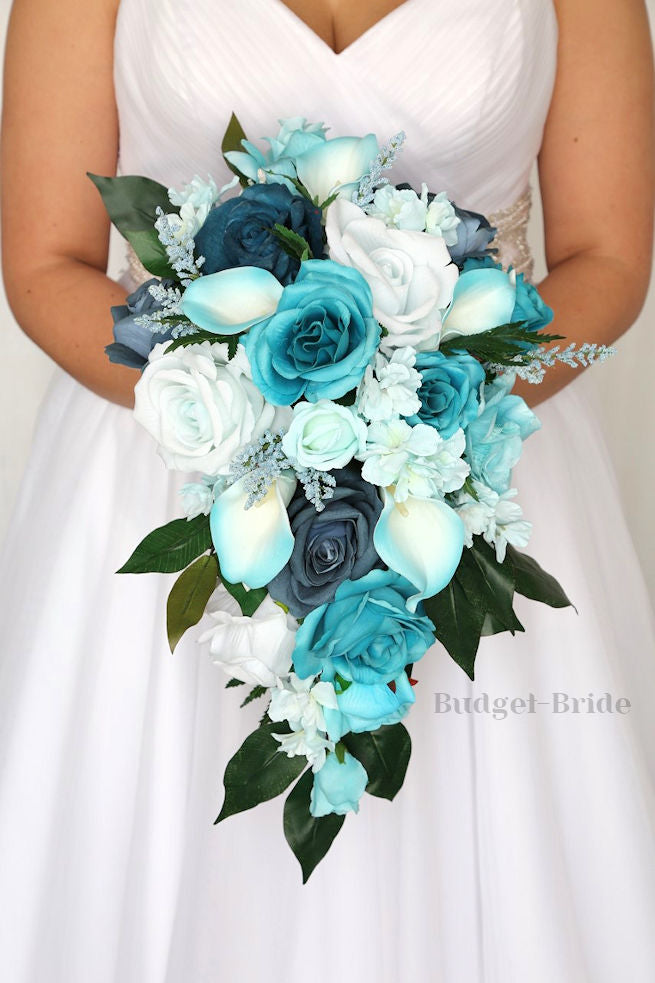 Errol Cascading Bouquet in Tiffany Blue and Teal / – Budget-Bride