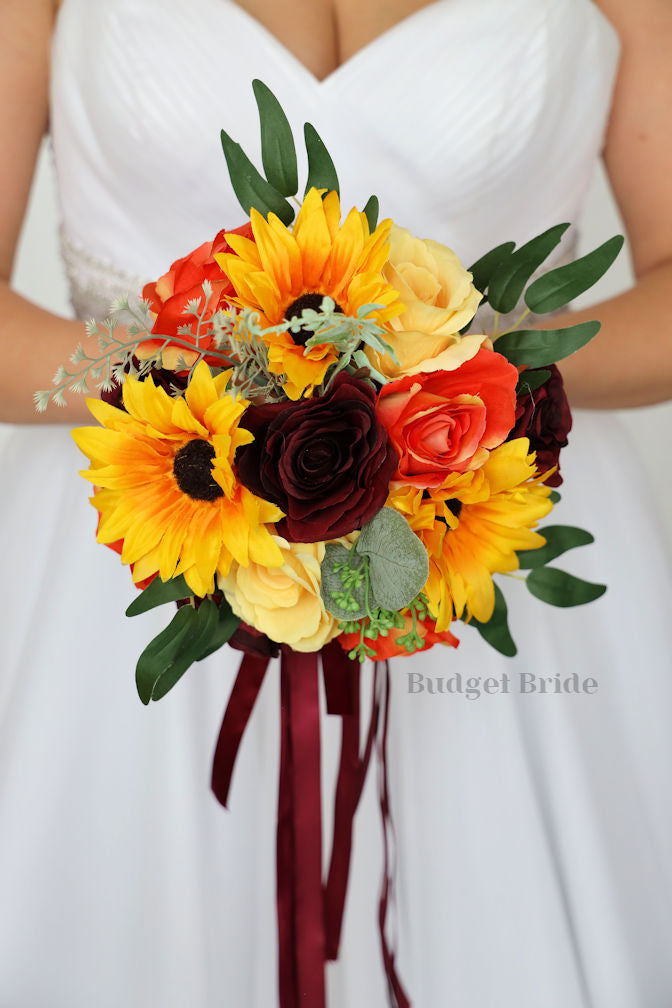 Kassi Round Bouquet in Burgundy and Sunflowers- – Budget-Bride