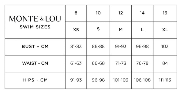 monte & lou swimwear size chart