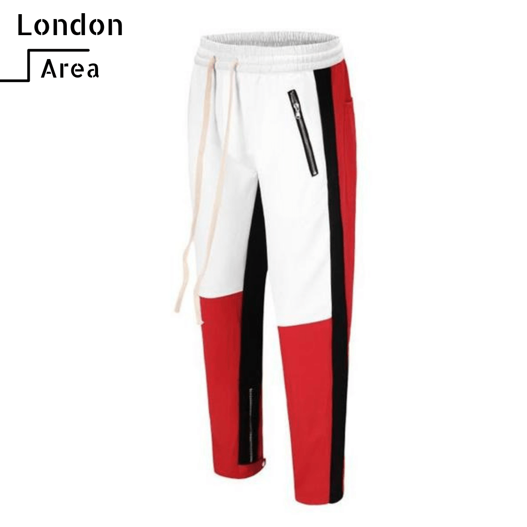 white and red track pants