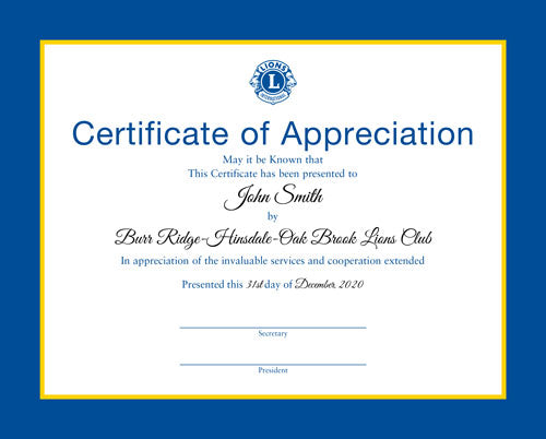 CERTIFICATE OF APPRECIATION - PERSONALIZED - Lions Clubs International