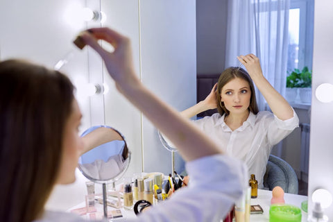 Femme devant son miroir qui met de l'huile de chanvre pour faire pousser ses cheveux