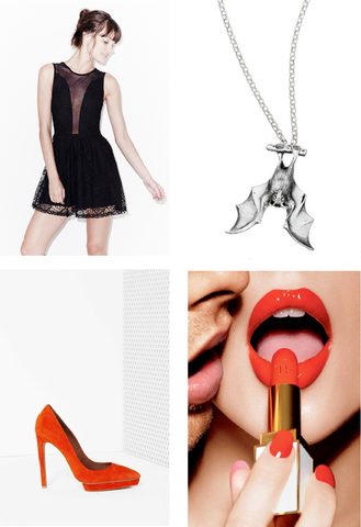 Four image, orange shoes, orange tom ford lipstick, black short dress and our bat flying necklace