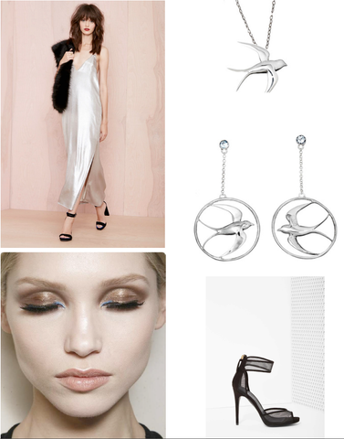 prom look with the swallow pendant and earrings, black high heels, champaign eyes and dress