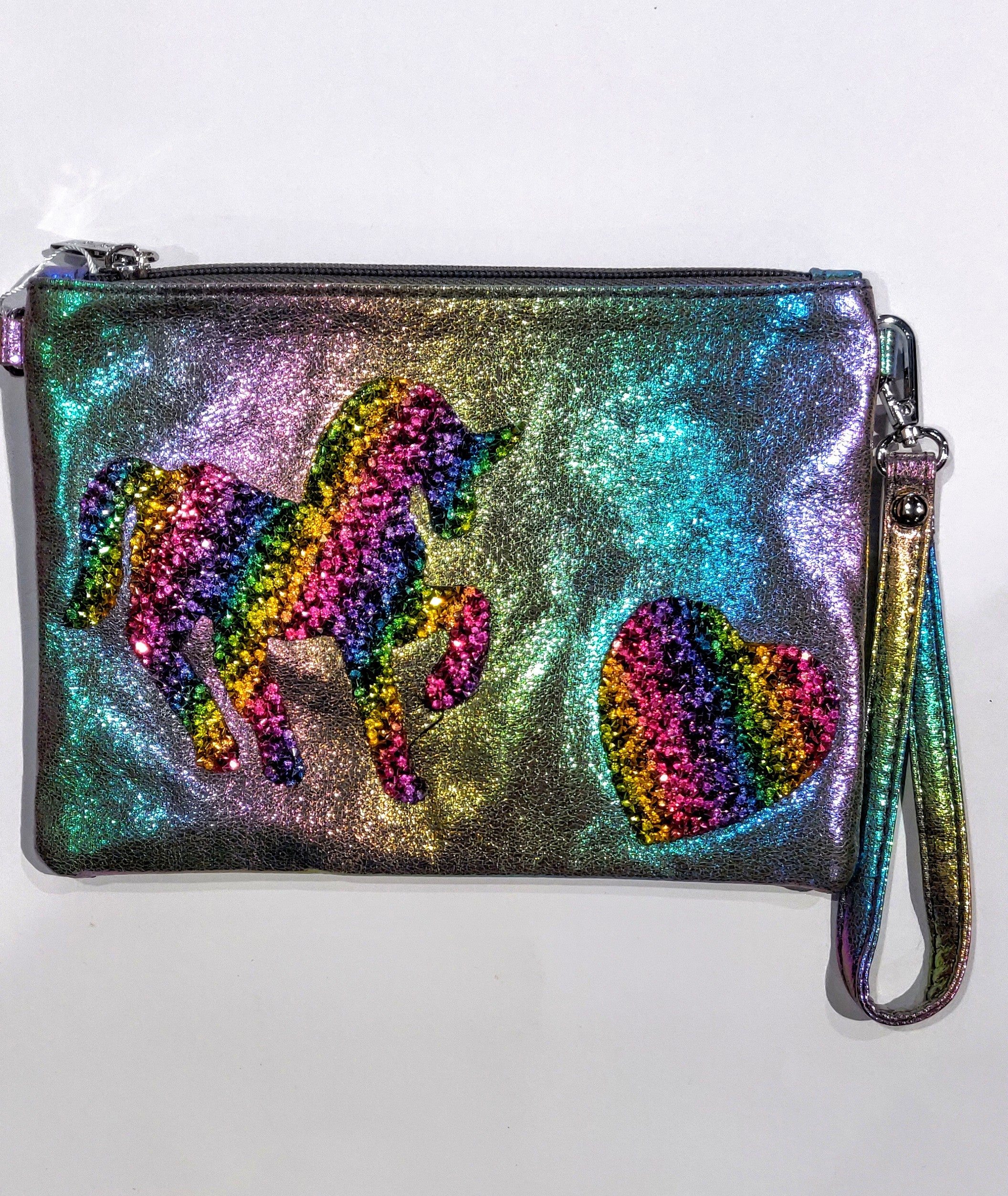 Bari Lynn Crystal Rainbow Ombre Unicorn Heart Purse Hipster Baby