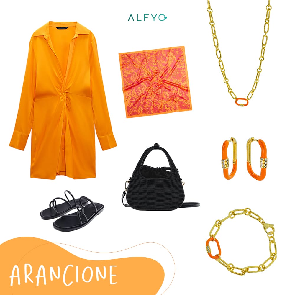 outfit vestito arancione e gioielli alfyo