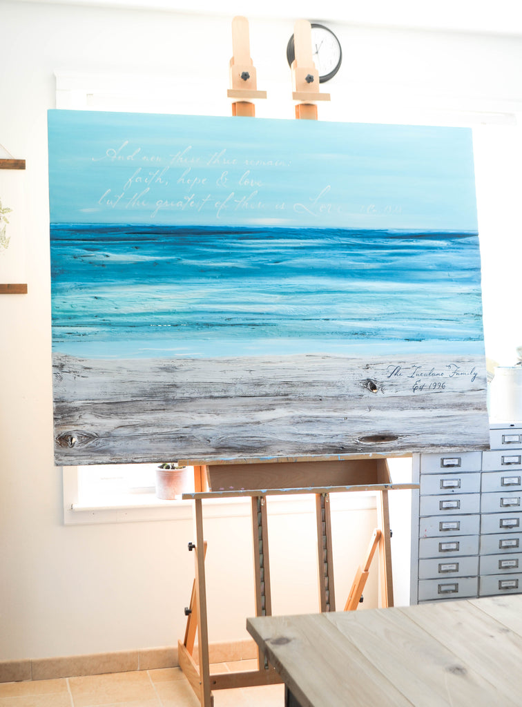 Large ocean painting using reclaimed wood