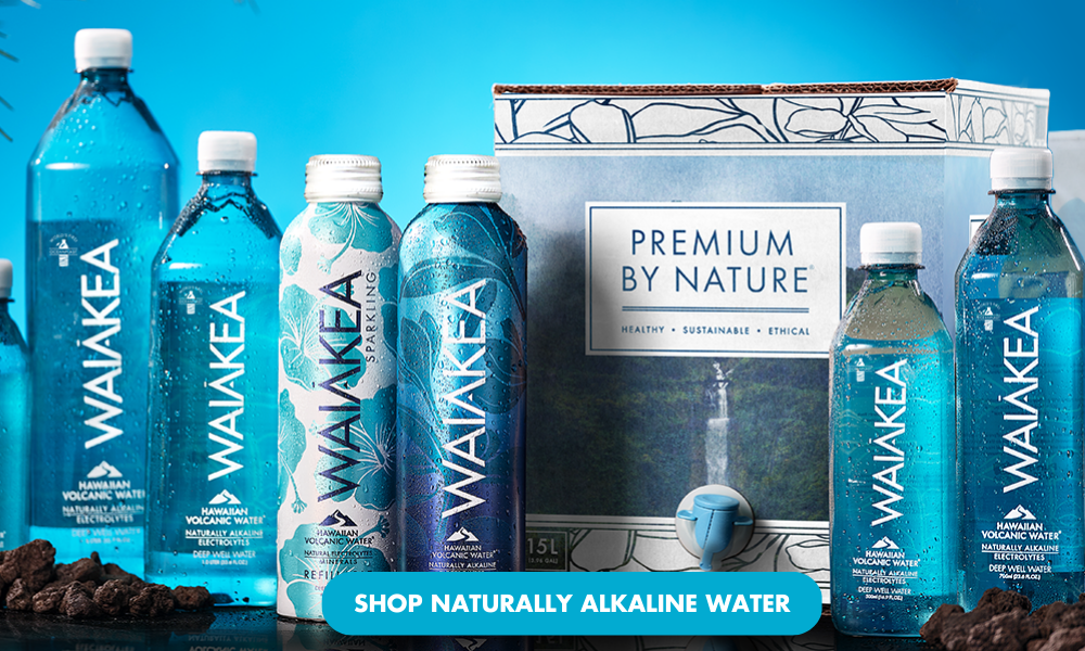 All of the Waiākea water bottles on a table with a "shop now" button on the bottom center 