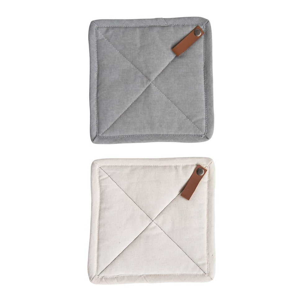 8" Square Cotton Pot Holder w/ Leather Loop (Set of 2)