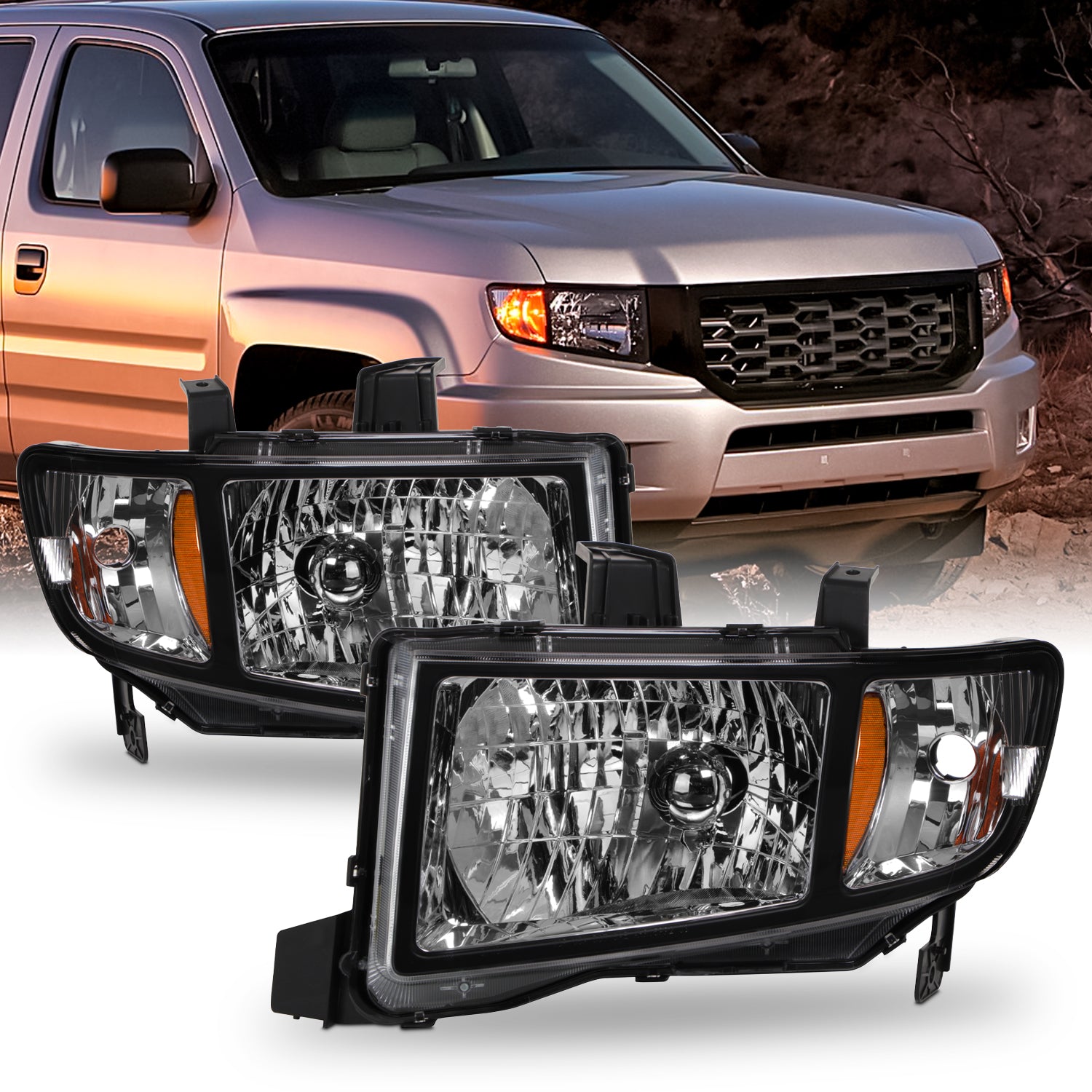 AKKON - For Honda Ridgeline OE Replacement Black Bezel Headlights Driver/Passenger Head Lamps Pair New