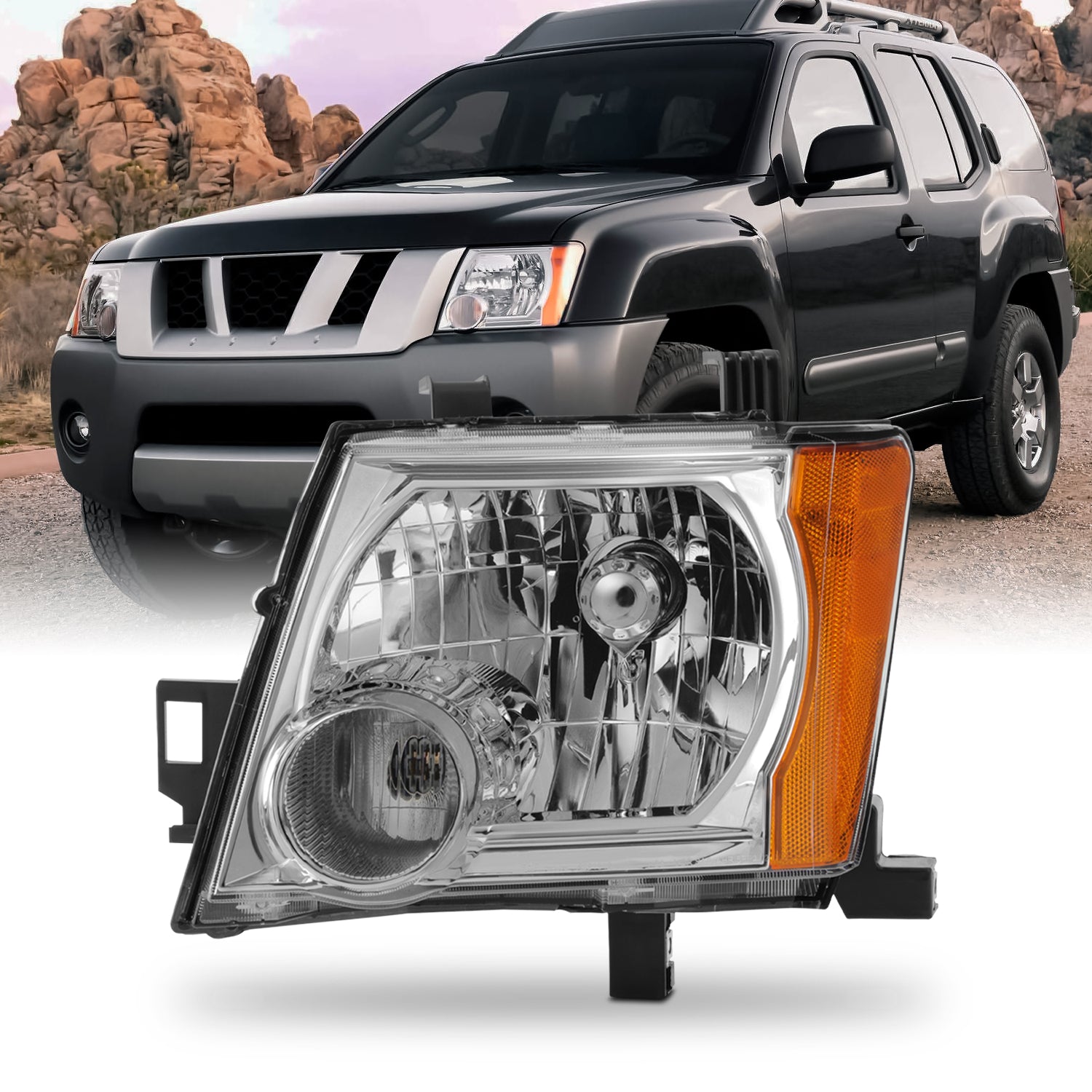 AKKON - Fit 2005-2015 Nissan Xterra 05-15 OE Style Halogen Type Headlight Headlamp Assembly Chrome Housing Left Side Driver Replacement