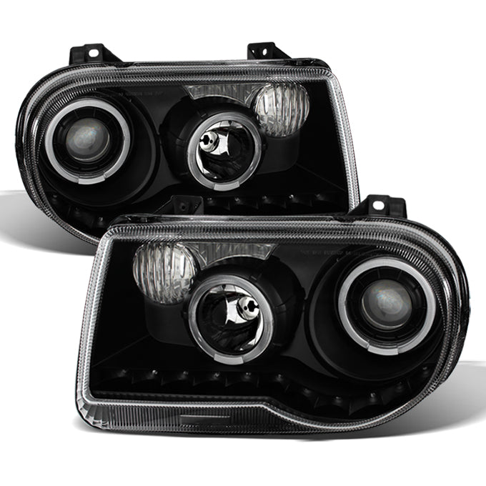 AKKON - For 2005-2010 Chrysler 300 C Model Black Bezel Dual Halo Ring DRL Daylight LED Strip Halogen Type Projector Headlights