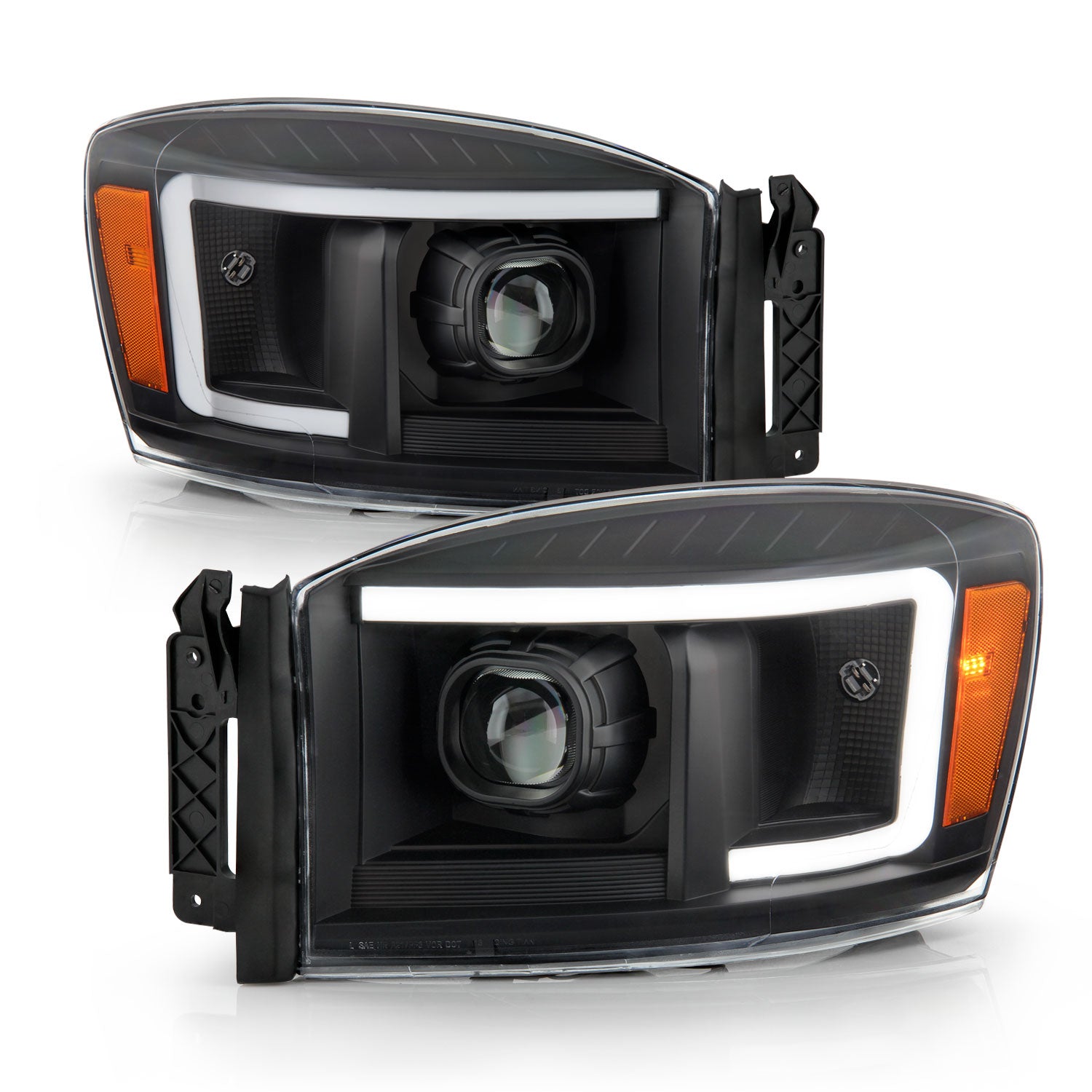 AKKON - Fits 2006-2008 Dodge Ram 1500 2006-2009 Ram 2500 / 3500 Truck [Light Bar] Projector Black Headlights Pair Left + Right