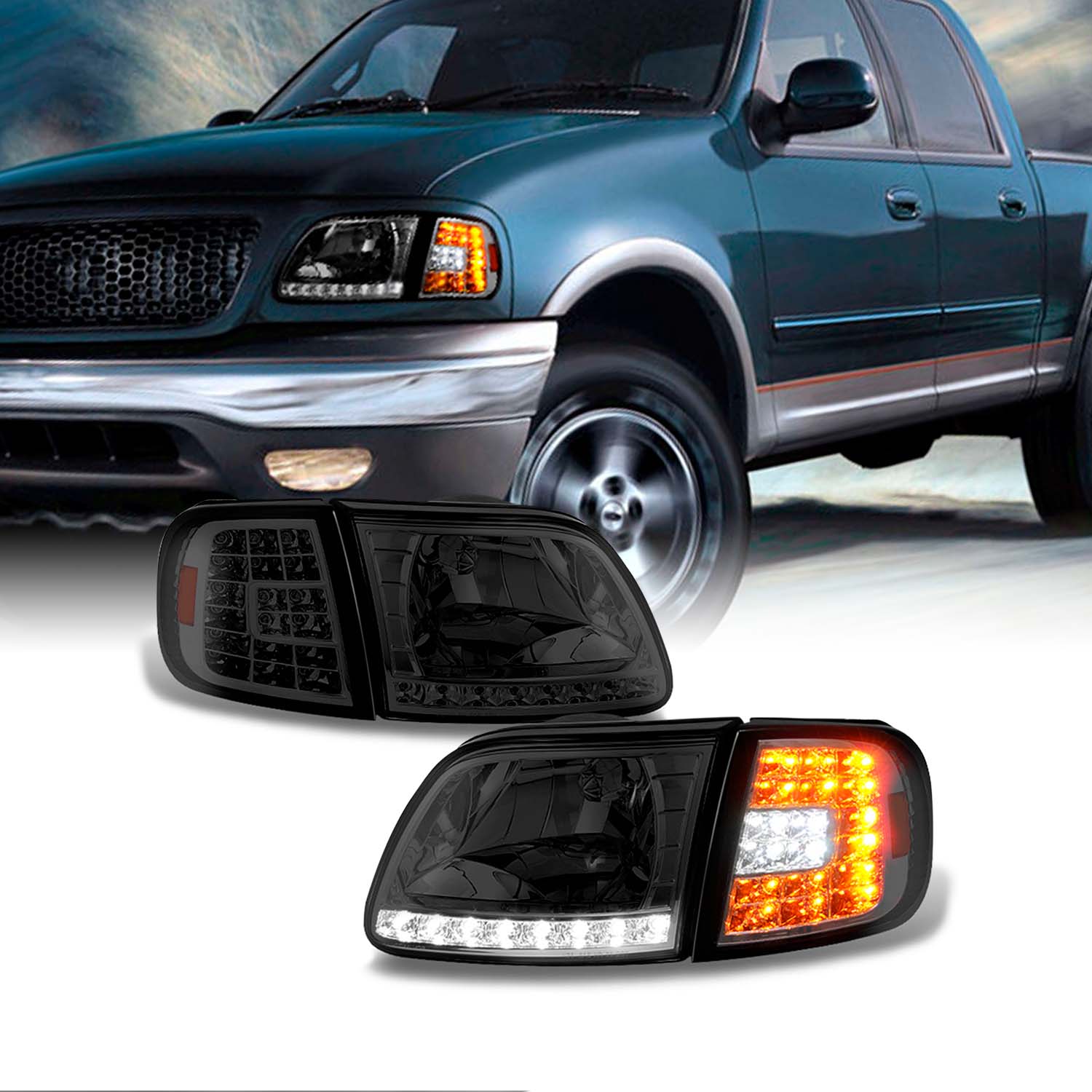 AKKON - For 97-03 Ford F150 97-02 Expedition Black DRL LED Headlights