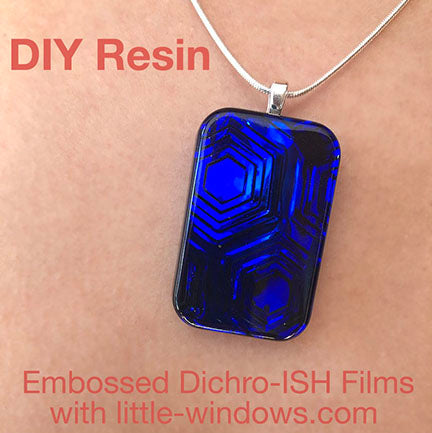 resin jewelry cast necklace embossed dichro film hex blue rectangle