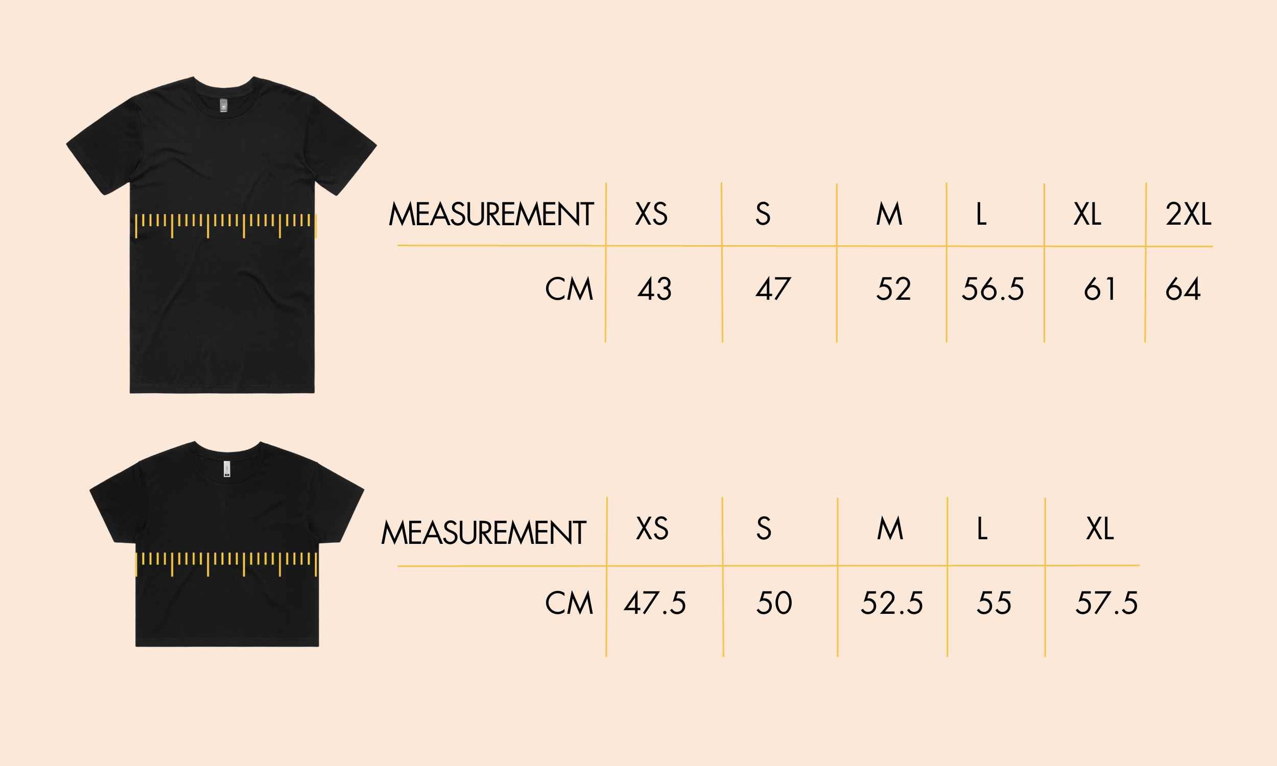 Size guide for Pyewackets t-shirts