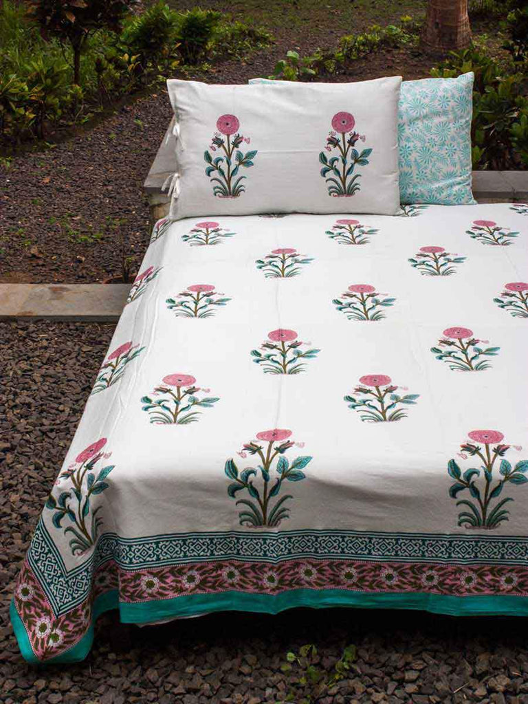 Indian Marigold Block Print Cotton Double Bed Sheet Set With 2