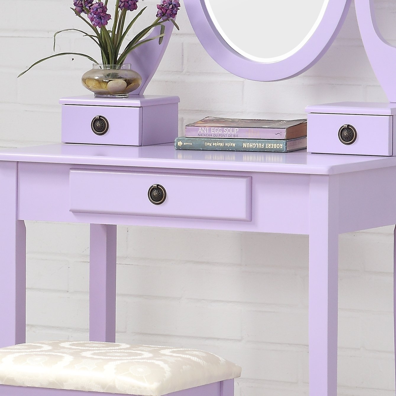 roundhill furniture moniya white wood vanity table and stool set