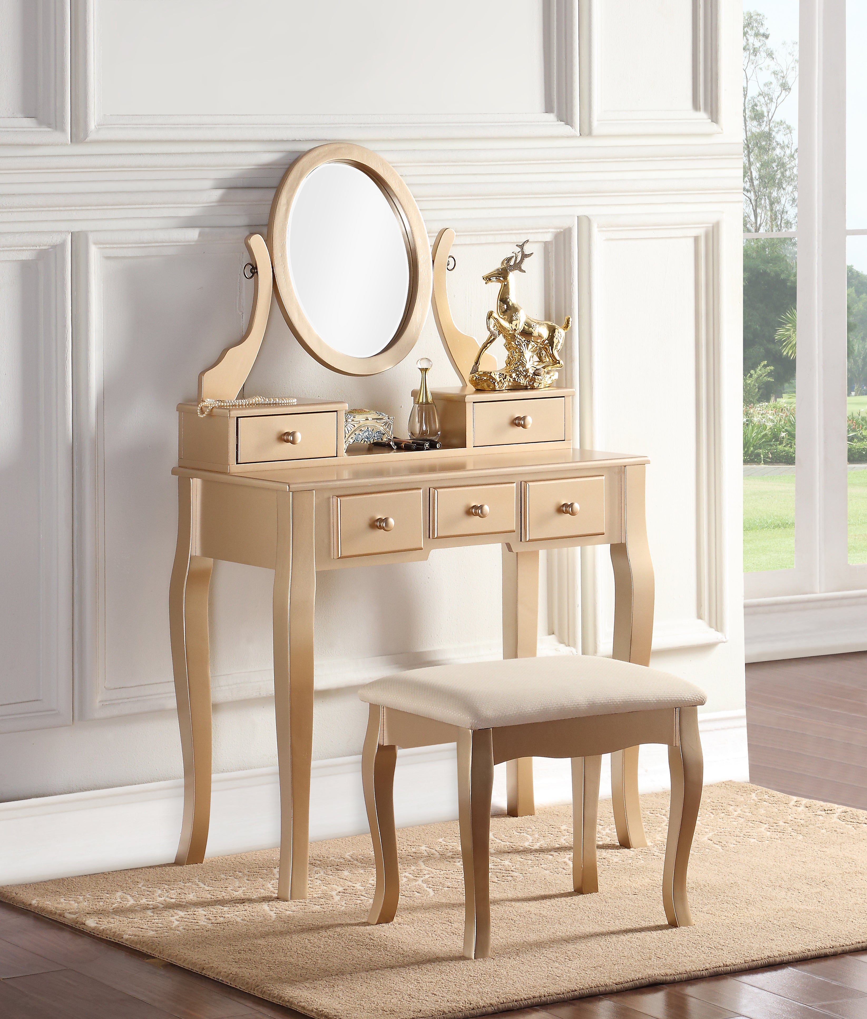 roundhill furniture moniya white wood vanity table and stool set