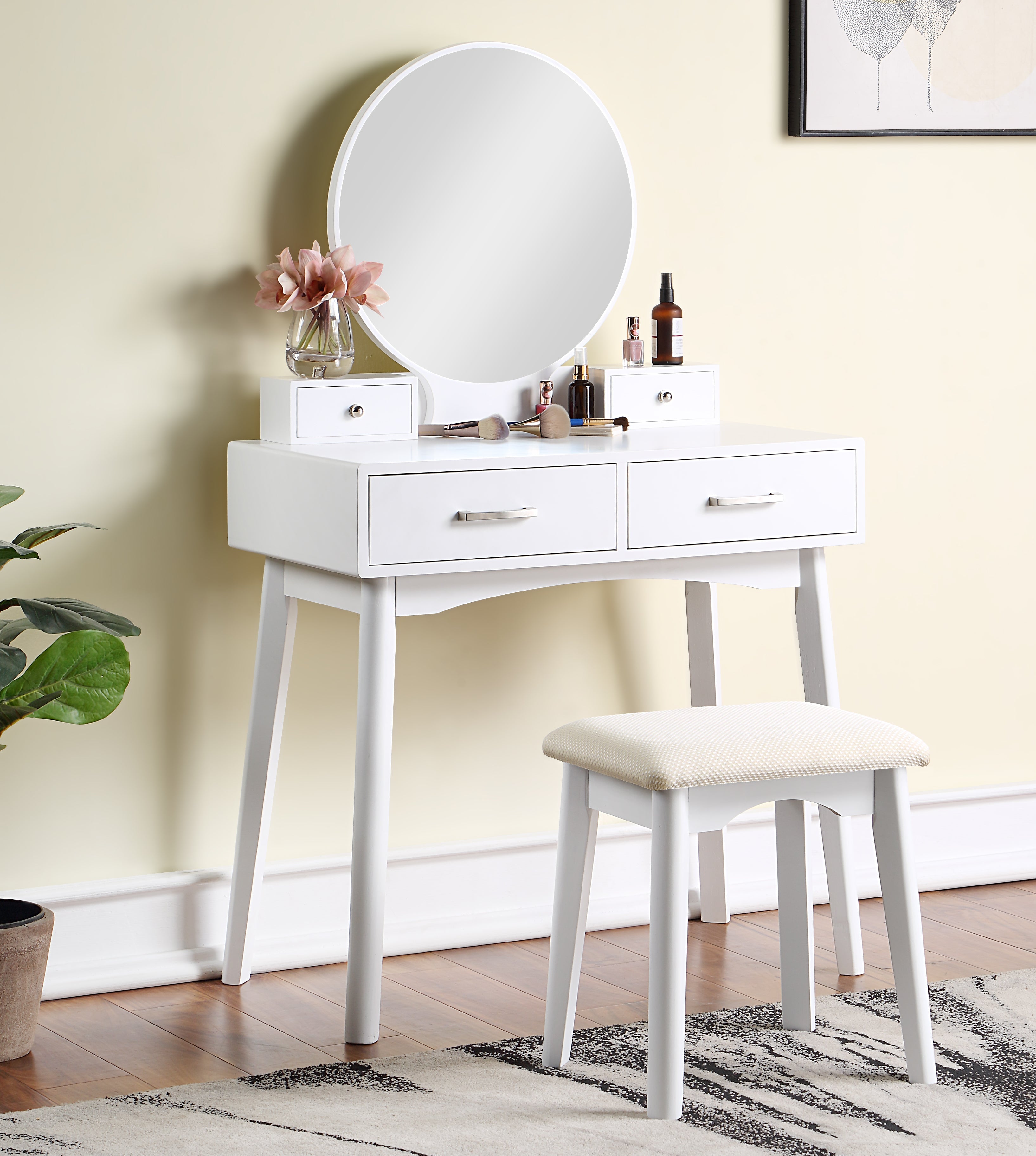 roundhill furniture moniya white wood vanity table and stool set