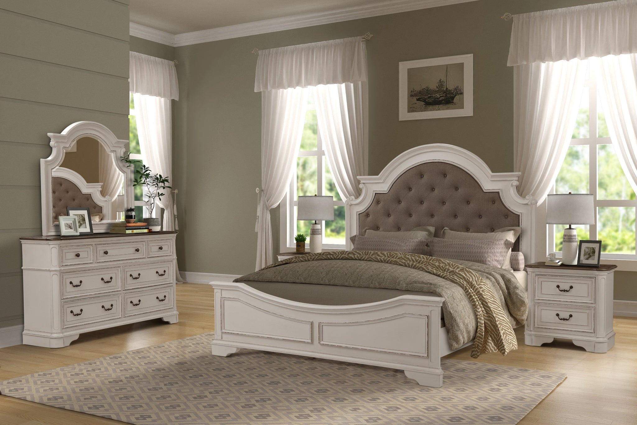 Laval Antique White and Oak Wood Bedroom Set, Upholstered QUEEN & KING