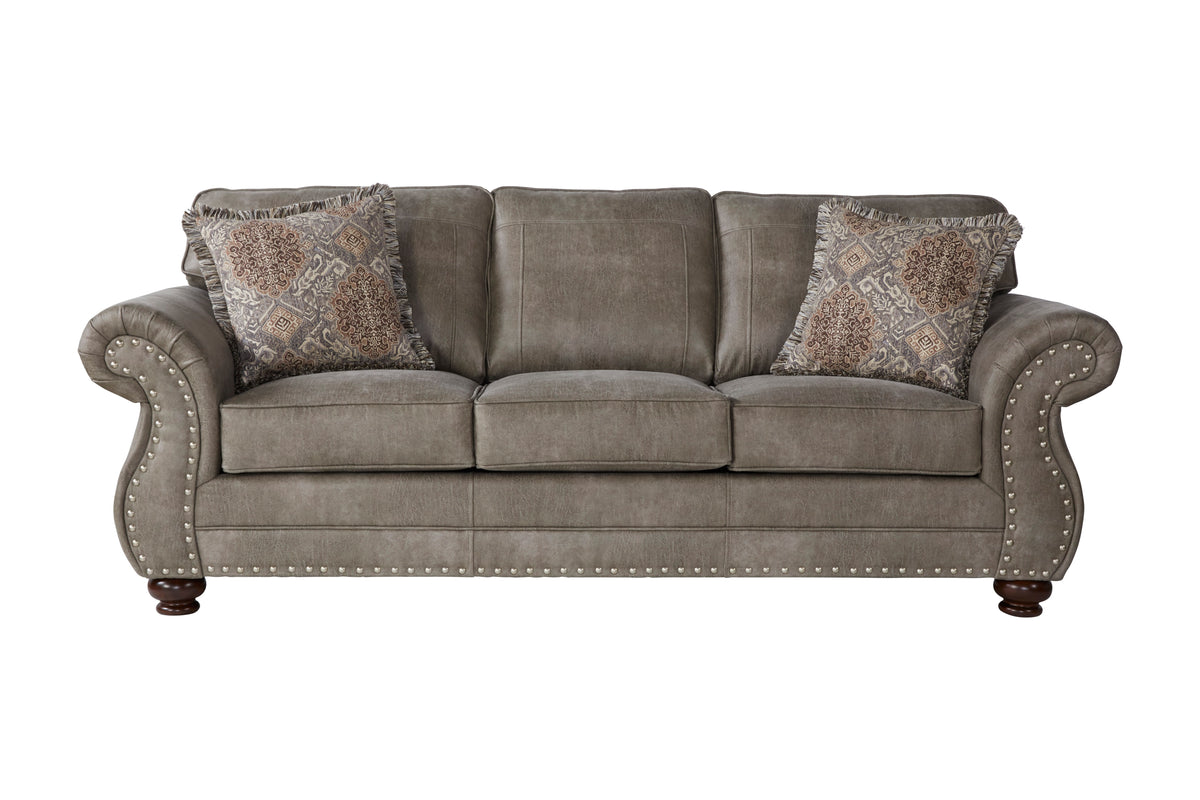 gray leather sofa with nailheads