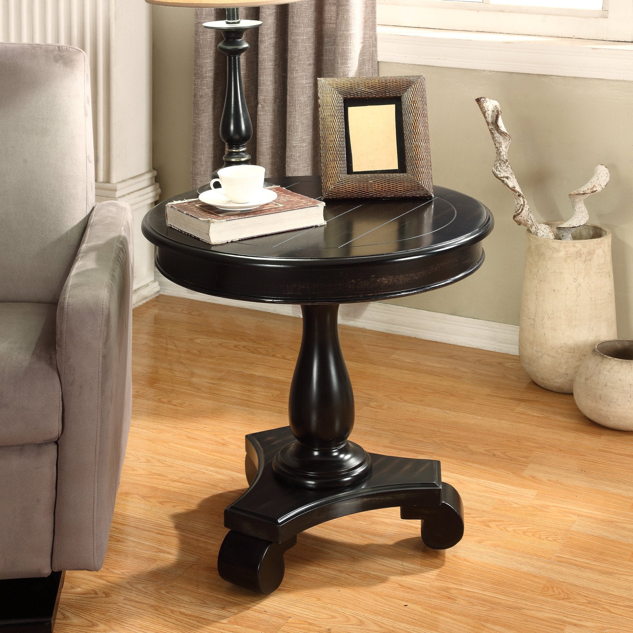 Rene Black Round Wood Pedestal Side Table - Roundhill ...