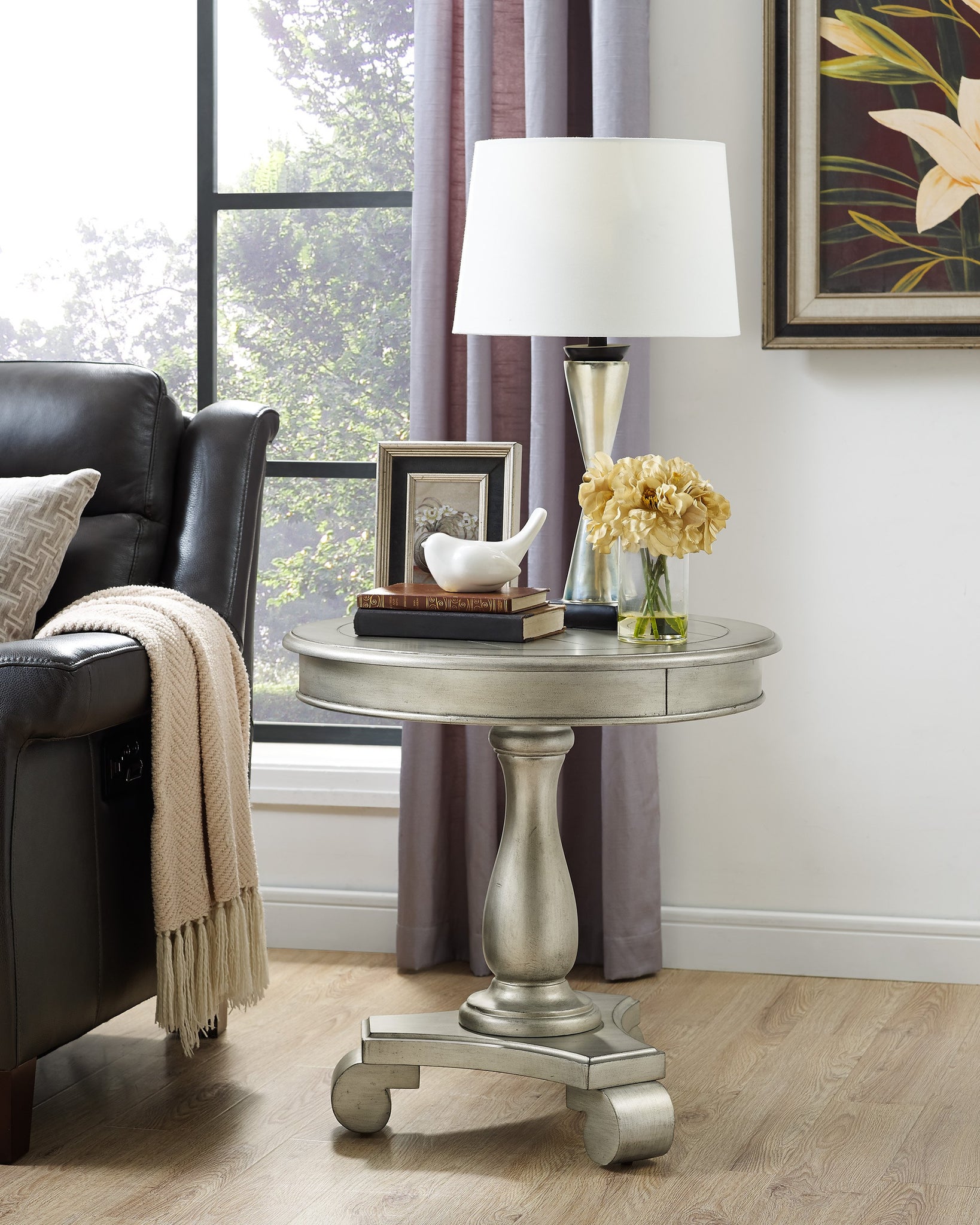 Rene Round Wood Pedestal Side Table, Champagne – Roundhill Furniture