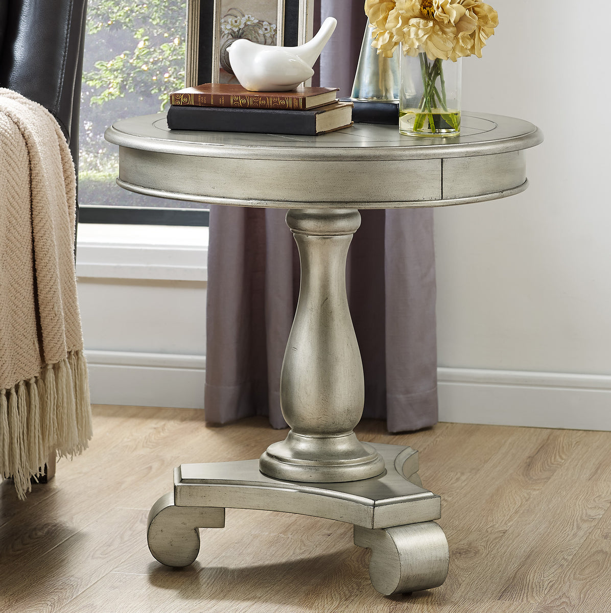 Rene Round Wood Pedestal Side Table, Champagne – Roundhill Furniture