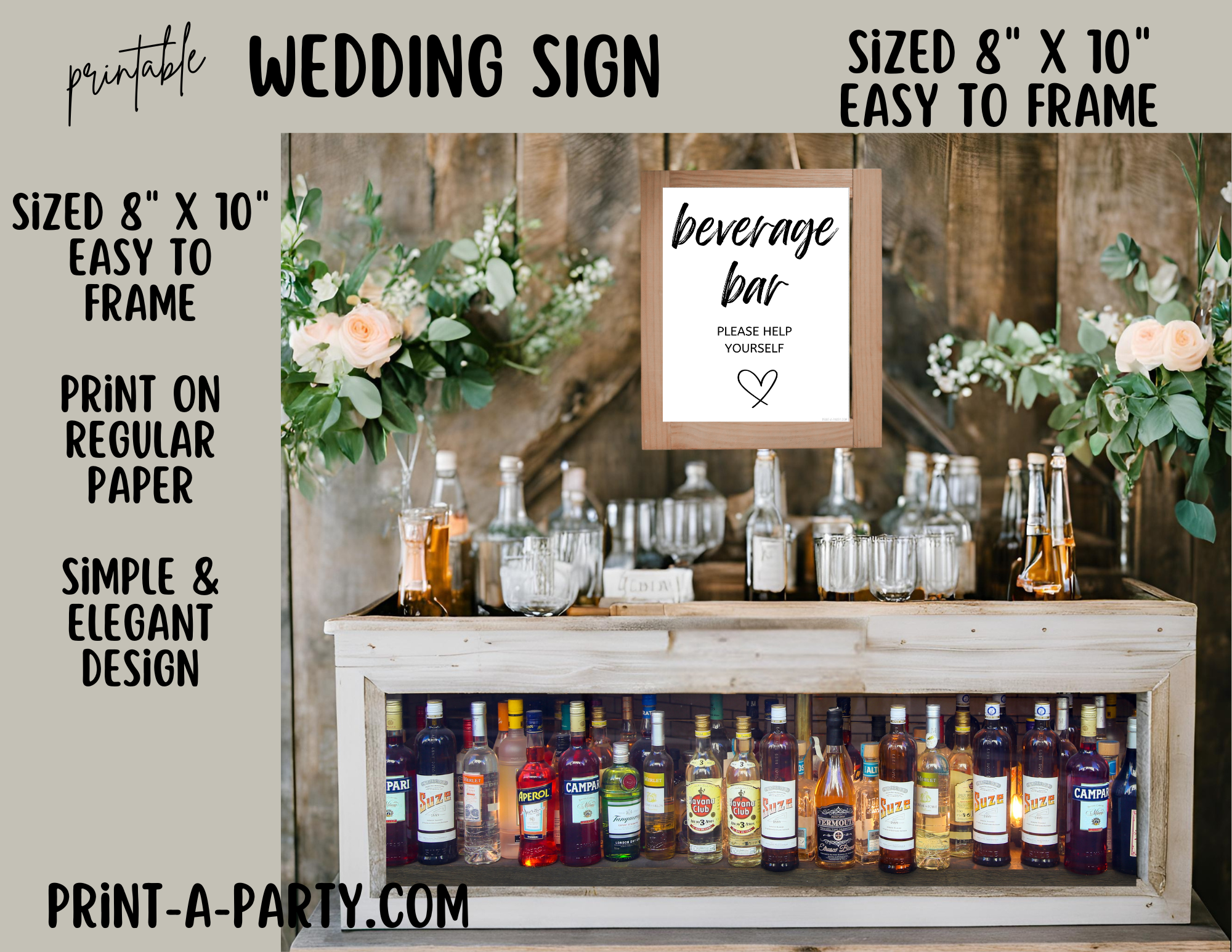 BEVERAGE BAR - PLEASE HELP YOURSELF - Printable Sign for weddings, showers, engagement parties or bachelorette