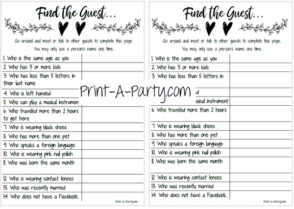 Find The Guest Game Bridal And Same Sex Wedding Shower Game Printa Printaparty