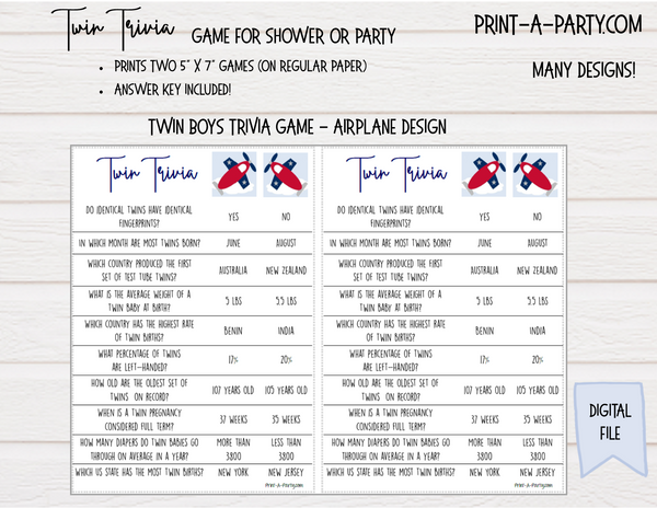 Twin Trivia Game Twin Boys Baby Shower Or Party Instant Download Printaparty