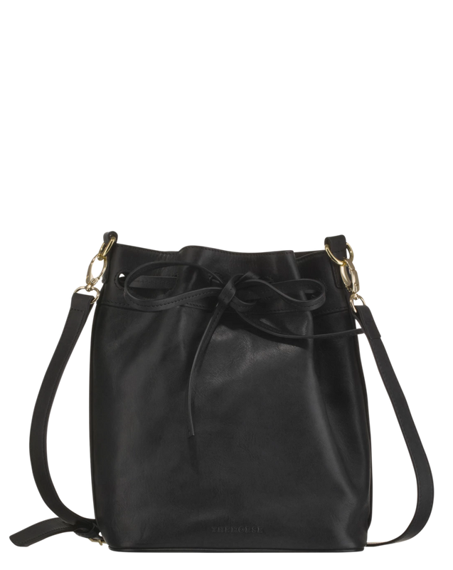 black leather bucket purse