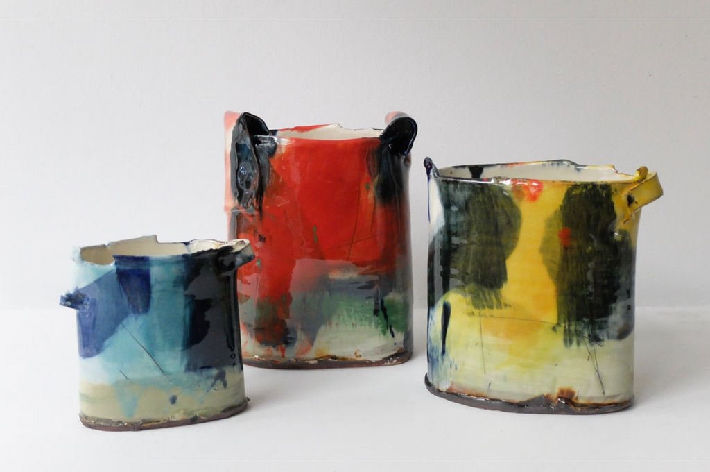 A blue, red and yellow porcelain vessel by Barry Stedman, with painterly marks