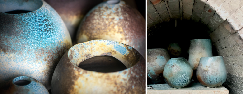 Soda fired vessels with bright turquoise, yellow, russet and grey markings by ceramicist Jack Doherty still in the kiln 