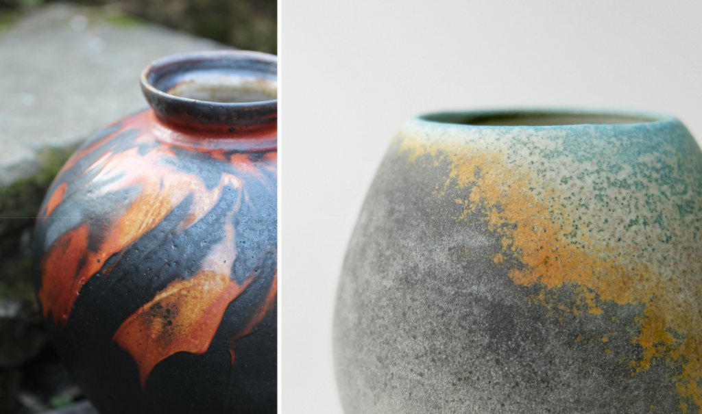 Soda fired contemporary ceramics with swirls of bright orange glaze by Lisa Hammond on the left, next to a vessel by Jack Doherty with textured turquoise blue, orange and grey glaze