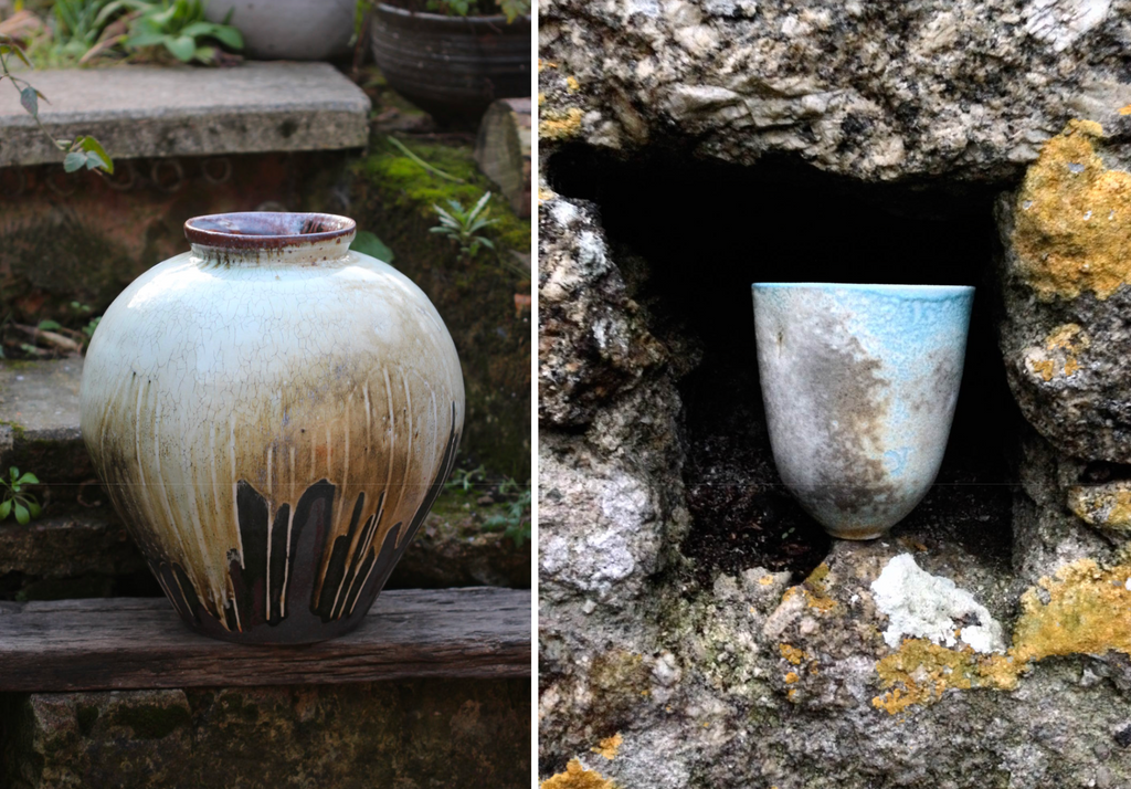 soda fired contemporary ceramic jar in dripping pale blue and brown glaze (left) and turquoise cup (right) set in the outdoors