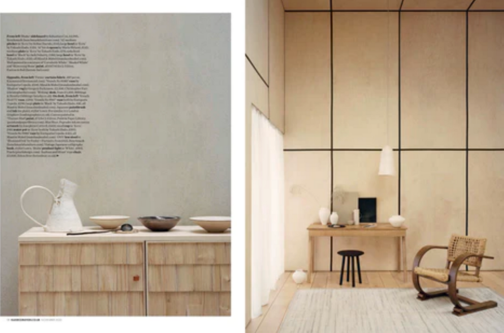 Magazine spread from Elle Decoration showing interior space styled with pottery in neutral tones