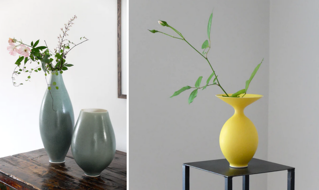 Greyish green and yellow porcelain vase by Anna Silverton