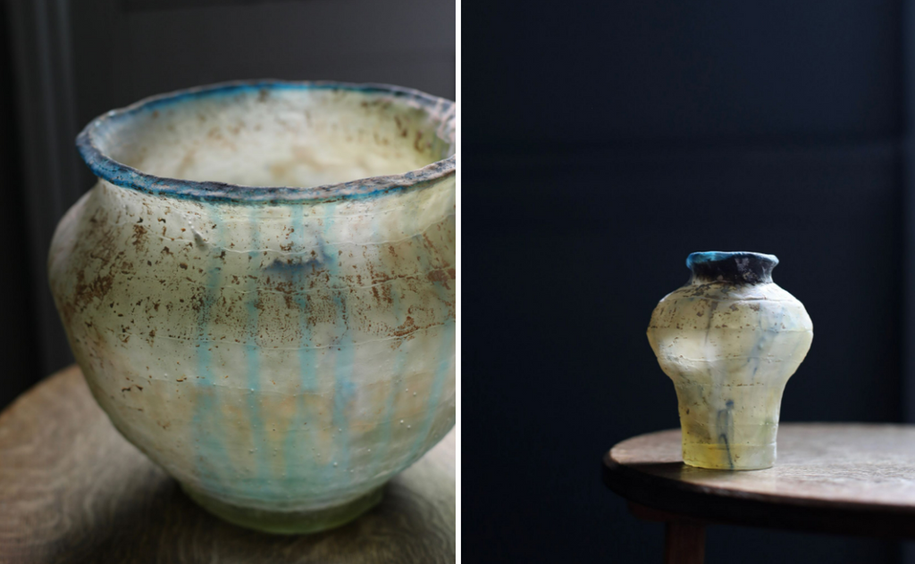two photos of glass vessels with mixed colours