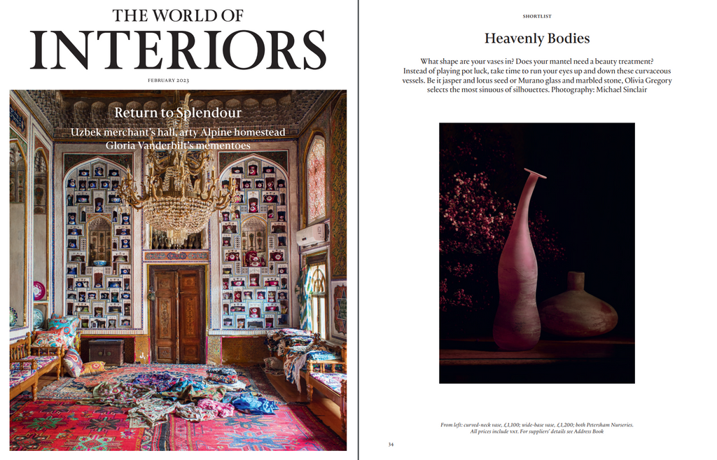 Spread from The World of Interiors magazine February 2023 issue: luxurious mansion (left) and pink: curved-neck vase (right)