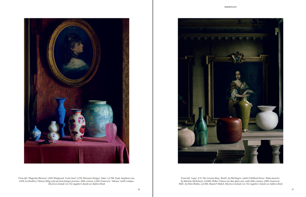 Spread from The World of Interiors magazine February 2023 issue showing irregularly shaped and colourful vases against dark interior with European oil painting