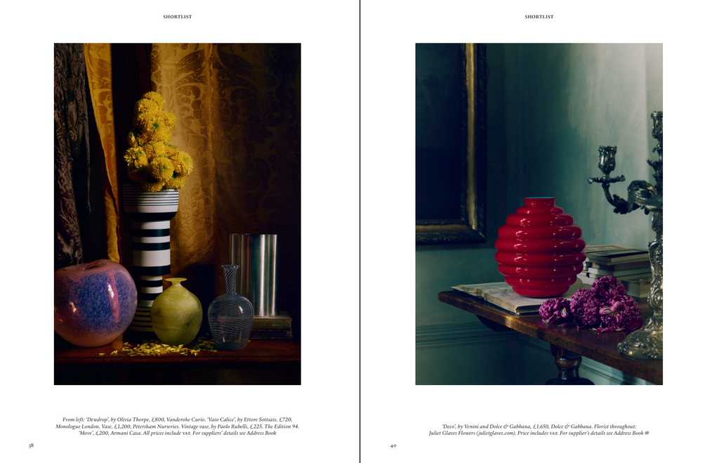 Spread from The World of Interiors magazine February 2023 issue showing irregularly shaped and colourful vases against dark interior 