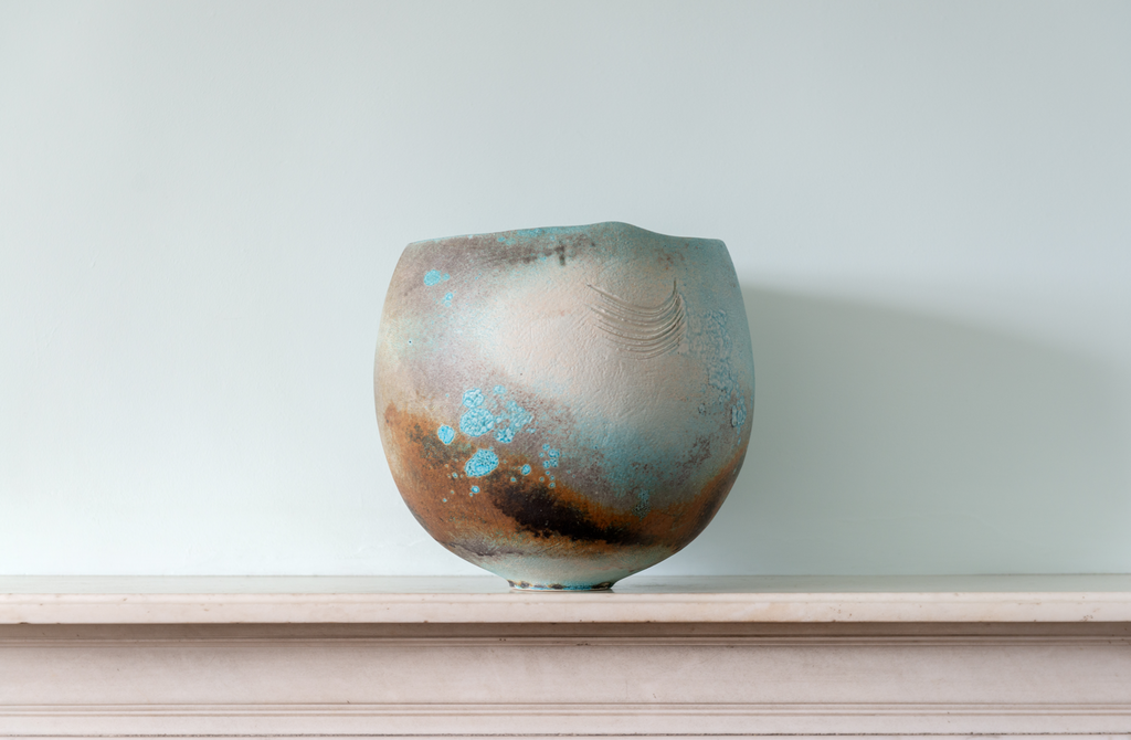 Grey, brown and blue soda fired vessel by Jack Doherty
