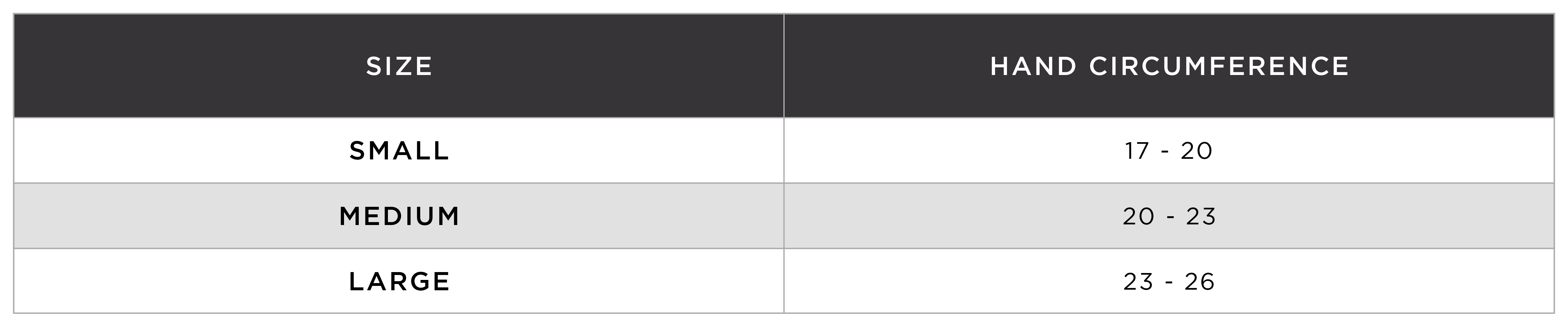 Neoprene Size Chart