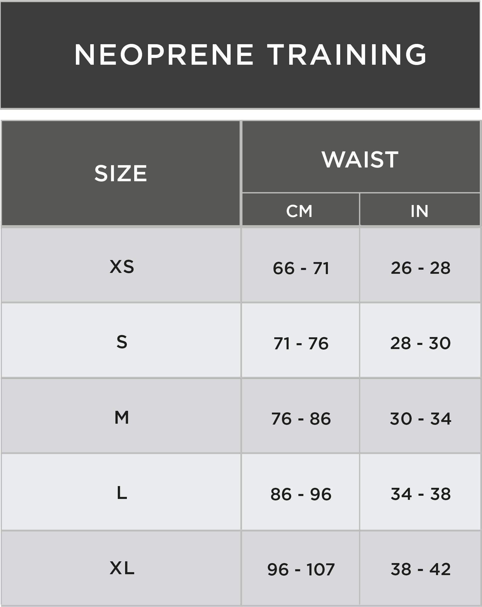 Neoprene Size Chart