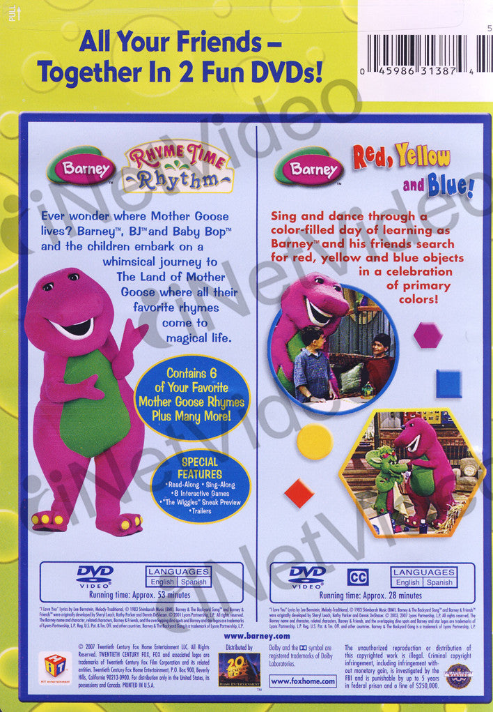 Barney (Rhyme Time Rhythm / Red, Yellow, and Blue) (Double Feature) on ...