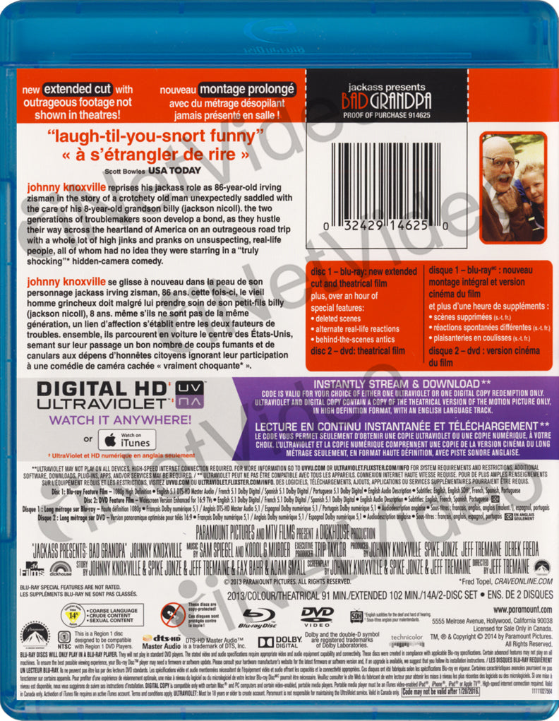 Jackass Presents Bad Grandpa Extented Blu Ray Dvd Digital Hd Blu Ray Bilingual On 